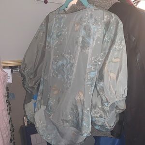 Lauren Conrad Floral Green Blouse w/Puffy Sleeves